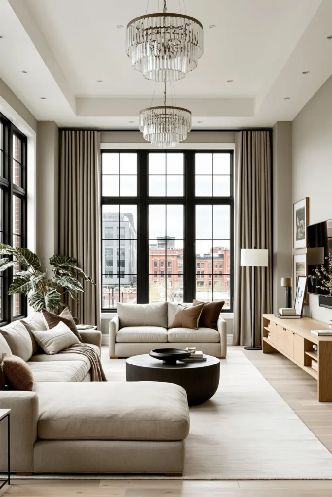 20 Comfortable Living Room Ideas for Small Spaces That Feel Warm and Open 7 Contemporary living room with two statement crystal chandeliers, beige seating, a round coffee table, and tall curtained windows.