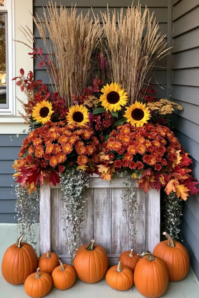 Rustic Fall Planters for the Front Porch That Bring Warm Autumn Charm 39 Rustic fall planter with sunflower accents, orange mums, dried grasses, trailing greenery, and pumpkins on a porch.