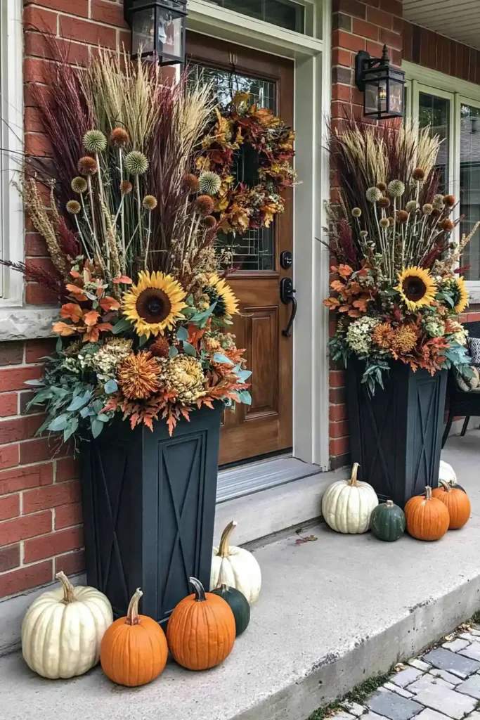 Rustic Fall Planters for the Front Porch That Bring Warm Autumn Charm 3 Tall rustic fall planters with ornamental grasses, sunflower heads, orange foliage, and pumpkins beside a brick wall.