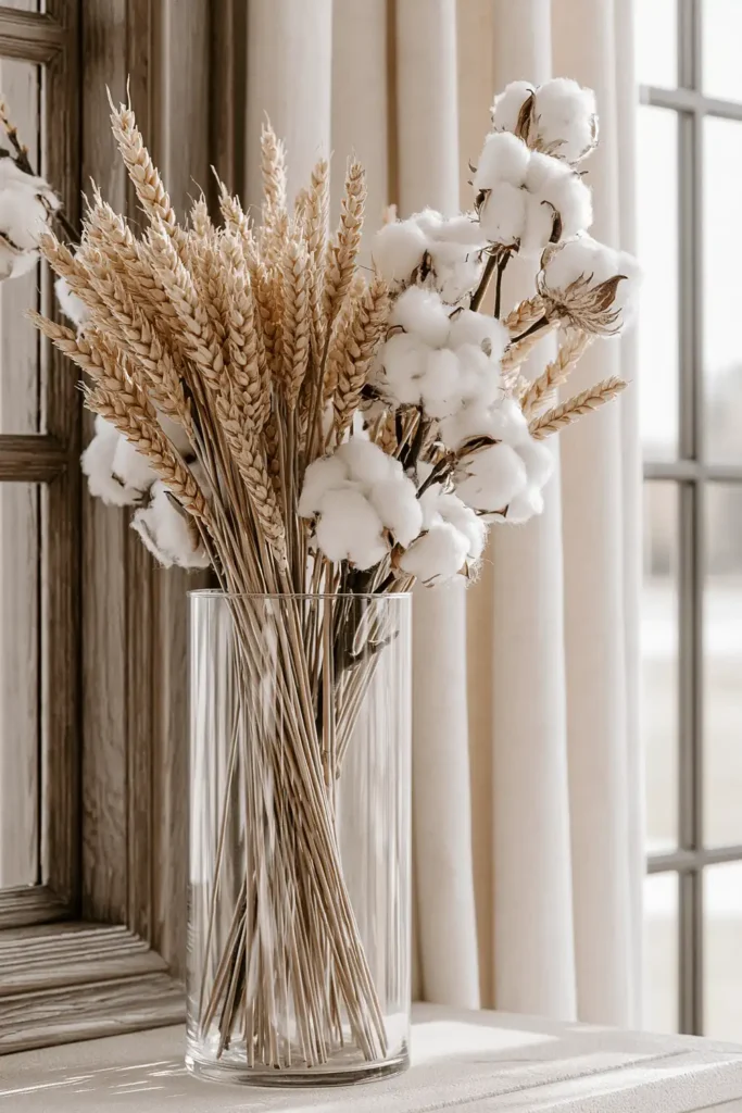 18 Neutral Fall Decor Ideas for a Warm and Cozy Home 11 Tall clear glass vase filled with golden wheat and white cotton stalks beside a sunlit window.