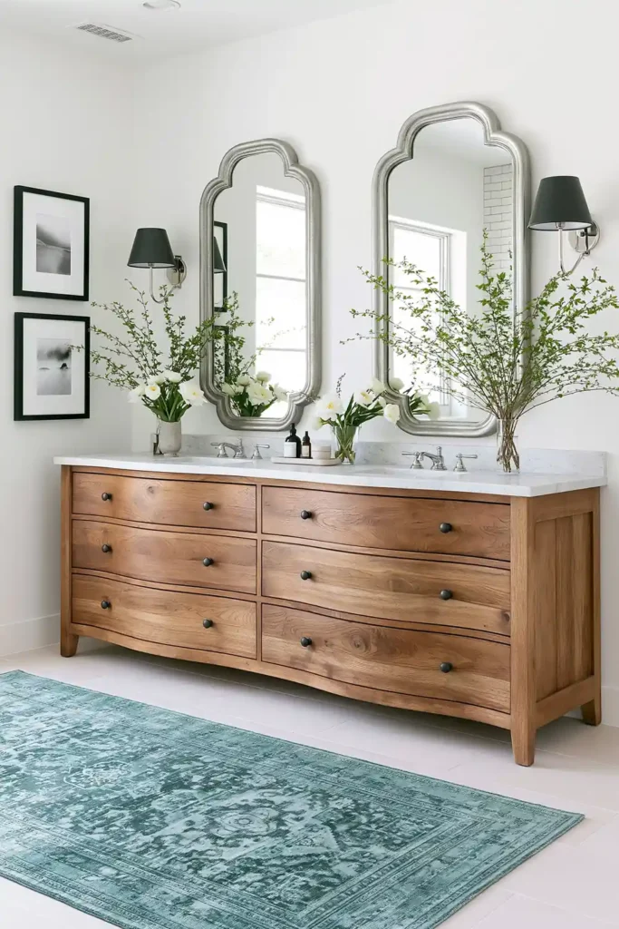 11 Spa-Inspired Bathroom Ideas on a Budget for a Calm, Restful Space 8 Teal-green patterned bathroom rug in front of a vintage wooden vanity with silver-framed mirrors and floral arrangements.