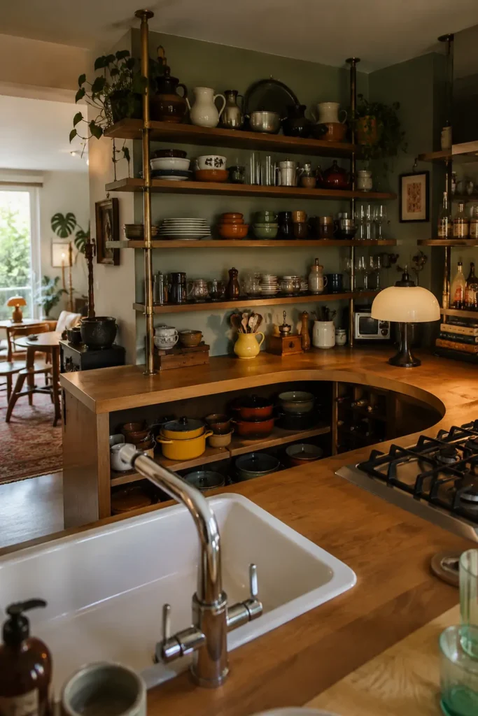 14 Open Kitchen Shelving Ideas for Practical, Stylish Storage 13 Brass-toned tension pole shelves filled with dishes and cookware above a curved wood kitchen counter.