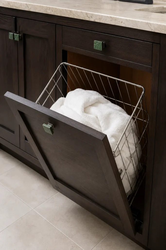 18 Small Bathroom Storage Ideas for a More Organized Space 13 Dark wood tilt-out bathroom cabinet with a wire hamper holding white towels or laundry.