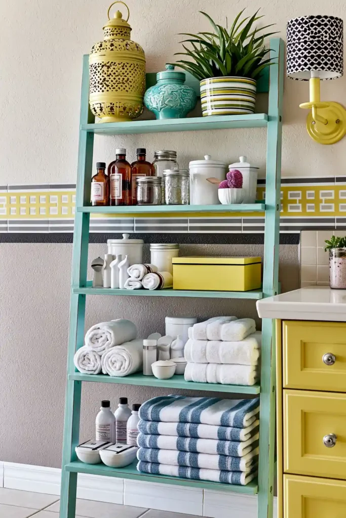18 Small Bathroom Storage Ideas for a More Organized Space 15 Turquoise ladder shelf with towels, jars, bottles, and colorful bathroom storage accessories.