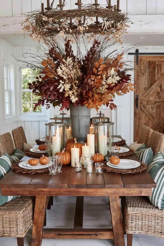 31 Fall Table Decor Ideas for Entertaining in a Warm, Seasonal Style 30 Farmhouse fall table with twig chargers, orange pumpkins, glass lanterns, pillar candles, and a tall arrangement of autumn branches.