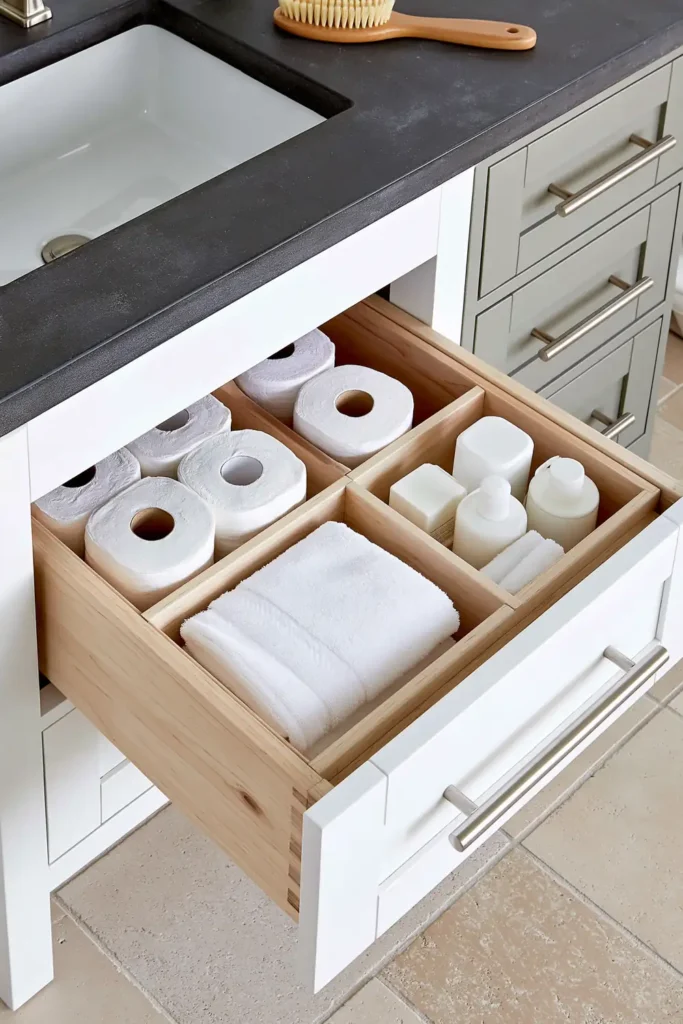18 Small Bathroom Storage Ideas for a More Organized Space 3 U-shaped under-sink bathroom drawer with divided storage for toilet paper, towels, and small supplies.