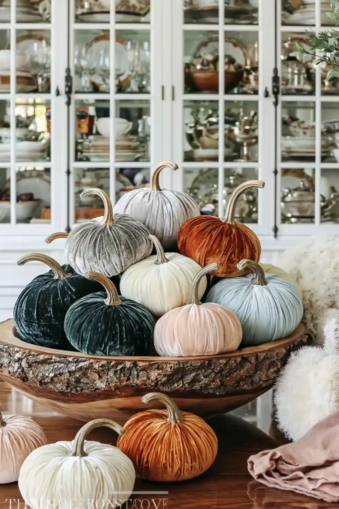 31 Fall Table Decor Ideas for Entertaining in a Warm, Seasonal Style 29 Velvet pumpkins in teal, gray, blush, ivory, and pale blue arranged in a rustic live-edge wooden bowl.