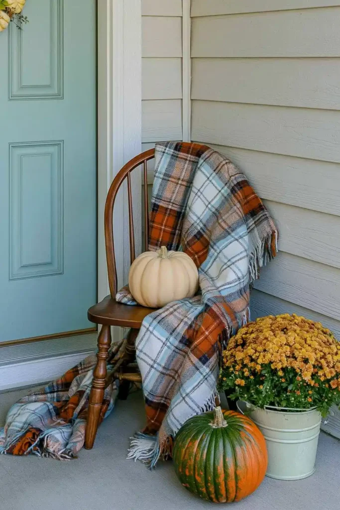 Small fall porch corner with a slim chair, plaid blanket, mums, and pumpkins.