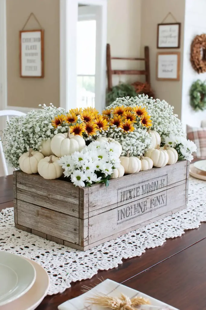 31 Fall Table Decor Ideas for Entertaining in a Warm, Seasonal Style 13 Weathered wooden toolbox filled with white pumpkins, baby’s breath, and yellow-orange daisies on a lace runner.