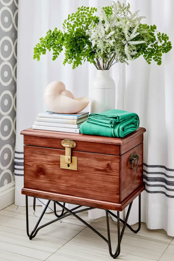18 Small Bathroom Storage Ideas for a More Organized Space 14 Vintage wooden trunk on black metal legs used as small bathroom storage beside a striped shower curtain.