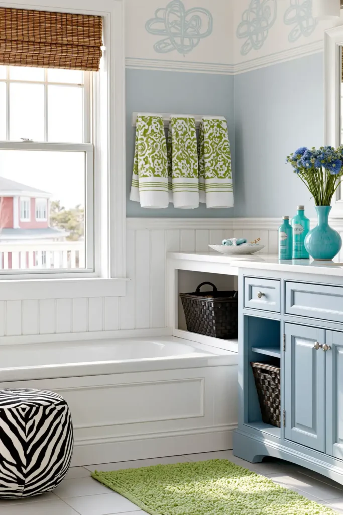 18 Small Bathroom Storage Ideas for a More Organized Space 17 Three patterned towels hanging from wall hooks above a white bathtub in a colorful small bathroom.