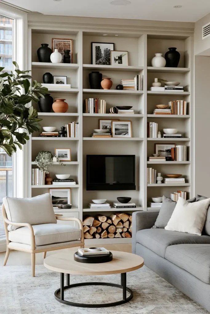 20 Comfortable Living Room Ideas for Small Spaces That Feel Warm and Open 19 Airy small living room with long wall-mounted shelves, decorative objects, a gray sofa, pale armchair, and round coffee table.