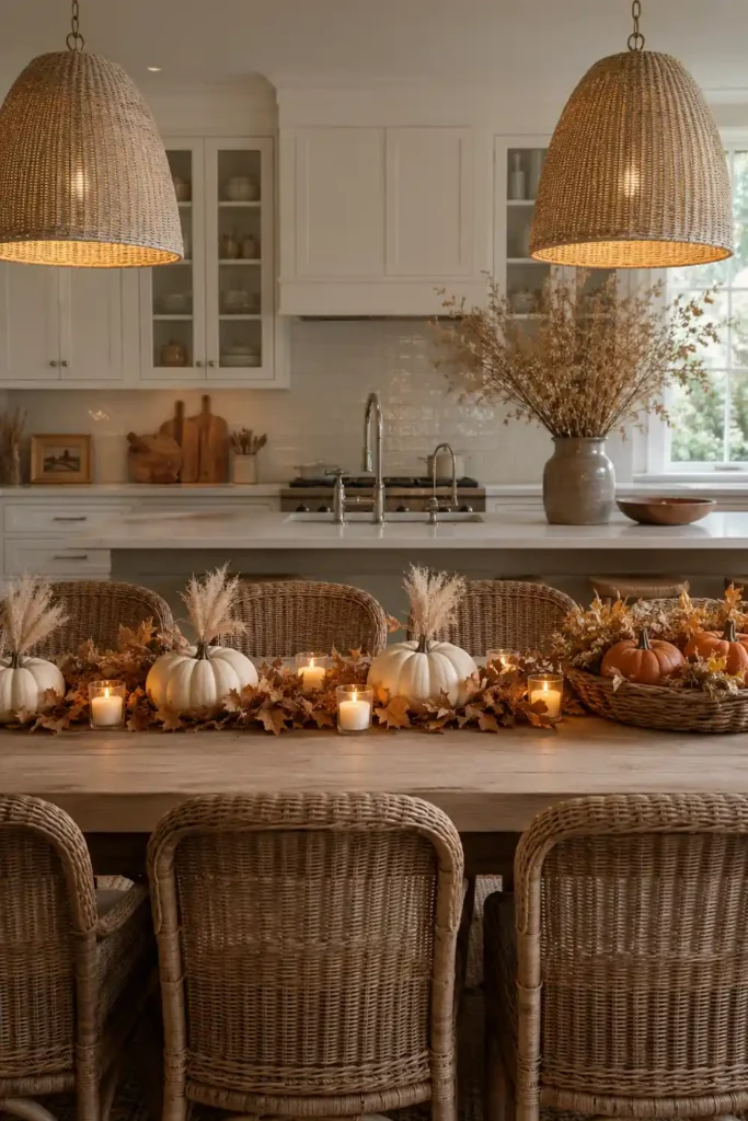 6 Cozy Fall Kitchen Decorating Ideas for a Warm Seasonal Look 6 Fall dining table with glowing candles, woven pendant lights, white pumpkins, dried leaves, and wicker chairs.