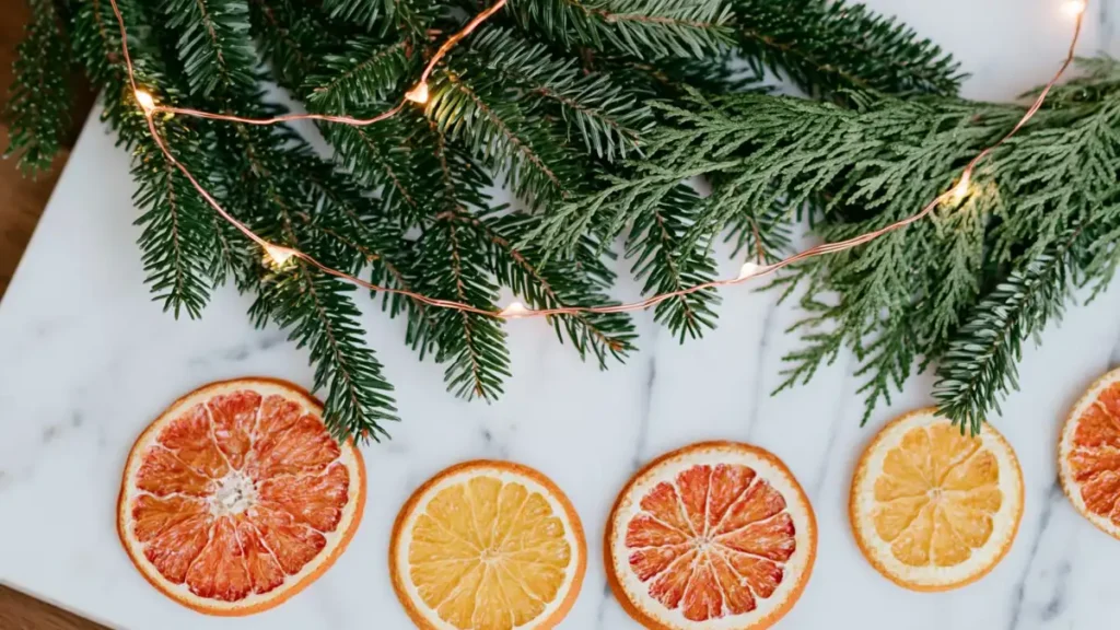 Evergreen garland with warm fairy lights and dried orange slices on a white marble surface.