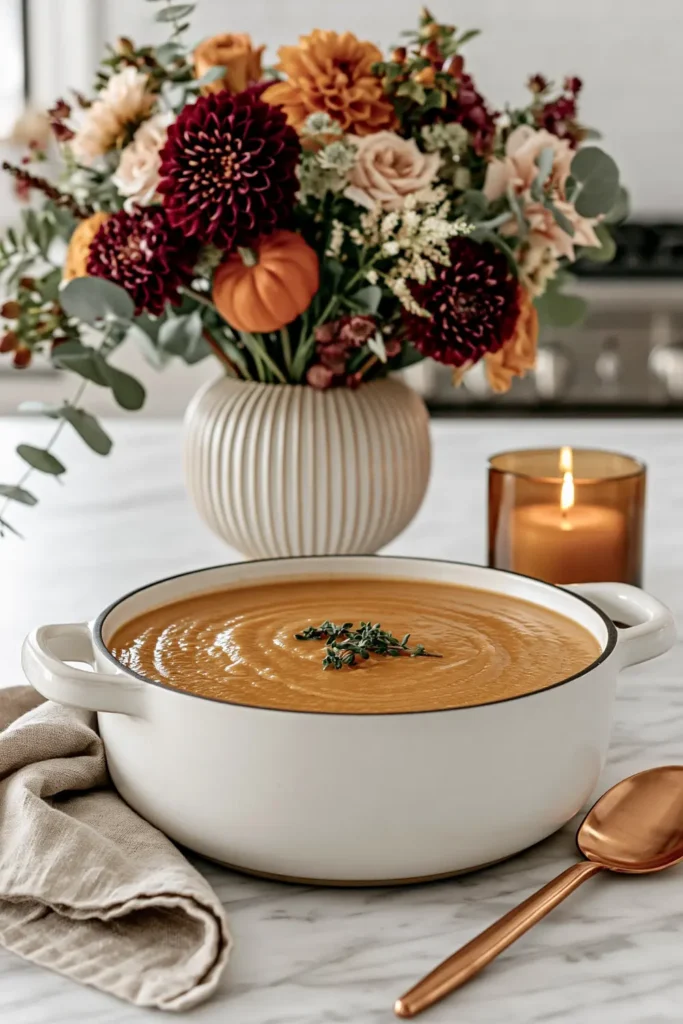 6 Cozy Fall Kitchen Decorating Ideas for a Warm Seasonal Look 2 White soup pot with a copper-colored spoon, amber candle, beige linen, and autumn flowers on a marble kitchen counter.