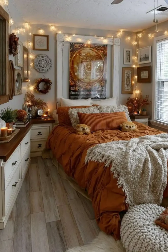 Autumn bedroom with orange bedding, warm string lights, framed wall art, and a cozy evening glow