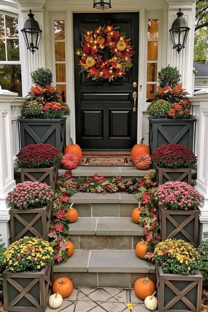 Rustic Fall Planters for the Front Porch That Bring Warm Autumn Charm 20 Warm-toned fall porch planters with glowing lights, purple mums, pink mums, pumpkins, and leafy garland.