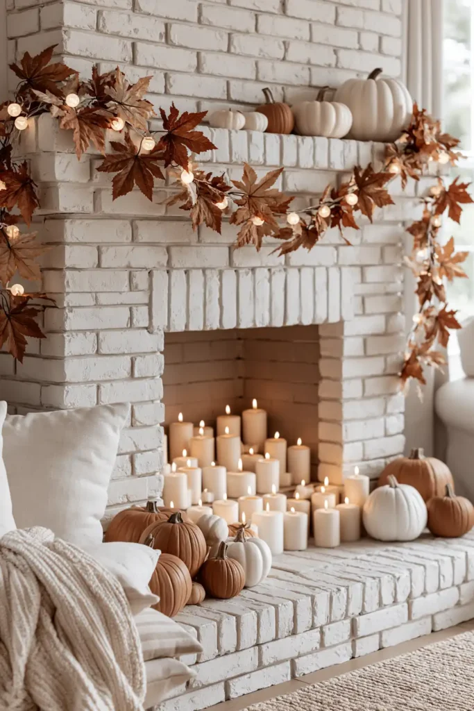 18 Neutral Fall Decor Ideas for a Warm and Cozy Home 16 White brick fireplace decorated with warm twinkle lights, autumn leaves, glowing candles, and neutral pumpkins.