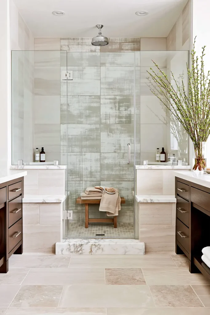 11 Spa-Inspired Bathroom Ideas on a Budget for a Calm, Restful Space 11 Frameless walk-in shower with a water-resistant wooden bench, folded beige towels, textured tile, and dark wood vanities.