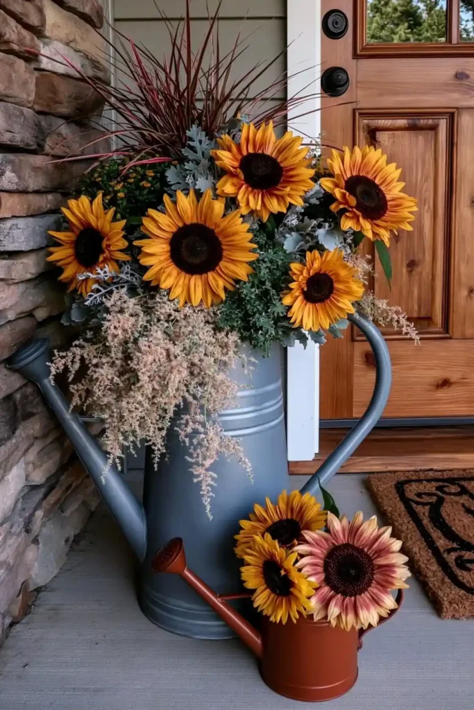 Rustic Fall Planters for the Front Porch That Bring Warm Autumn Charm 29 Gray metal watering can planter with bright yellow sunflowers, green foliage, and trailing greenery on a front porch.
