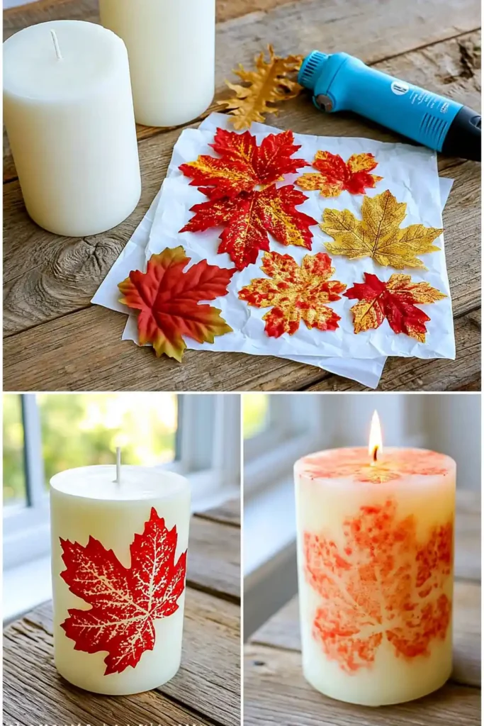 Wax paper decorated candles with faux fall leaves and a soft red-orange leaf pattern transferred onto a pale candle.