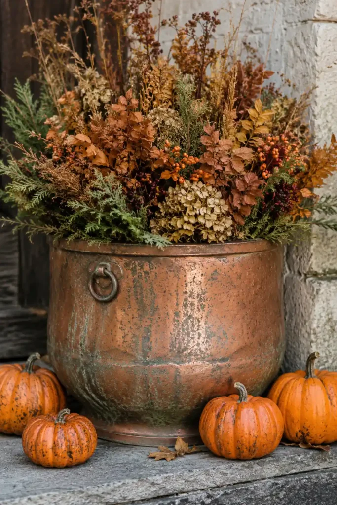 Rustic Fall Planters for the Front Porch That Bring Warm Autumn Charm 4 Weathered copper fall planter filled with muted autumn foliage and surrounded by small orange pumpkins.