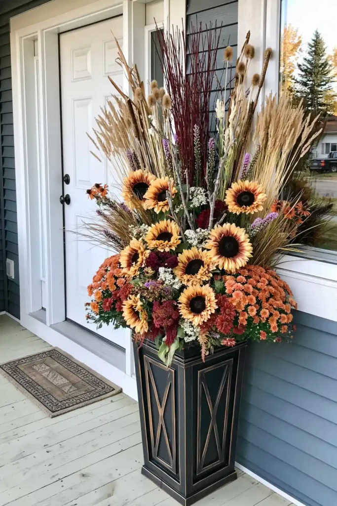 Rustic Fall Planters for the Front Porch That Bring Warm Autumn Charm 7 Rustic fall flower planter with orange sunflowers, mums, dried grasses, tall stems, and twigs beside a front door.