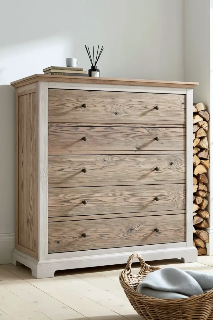 Cozy Bedroom Ideas for Winter: 4 Warm and Inviting Ways to Style Your Space 3 Weathered oak bedroom chest with five drawers, books, a reed diffuser, stacked firewood, and a wicker basket holding a gray blanket.