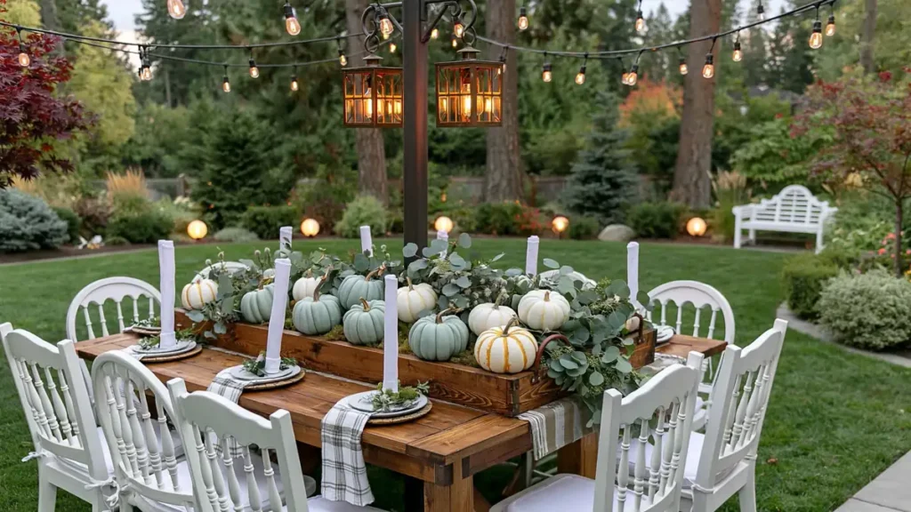 31 Fall Table Decor Ideas for Entertaining in a Warm, Seasonal Style 33 Welcoming outdoor fall table with pale pumpkins, eucalyptus, white chairs, upright napkins, and glowing string lights.