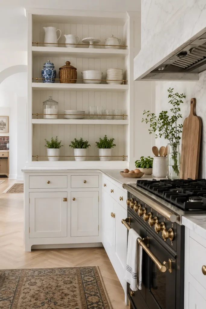 14 Open Kitchen Shelving Ideas for Practical, Stylish Storage 4 Recessed white kitchen shelves with brass guard railings, pottery, glass canisters, and small green plants beside a dark range.