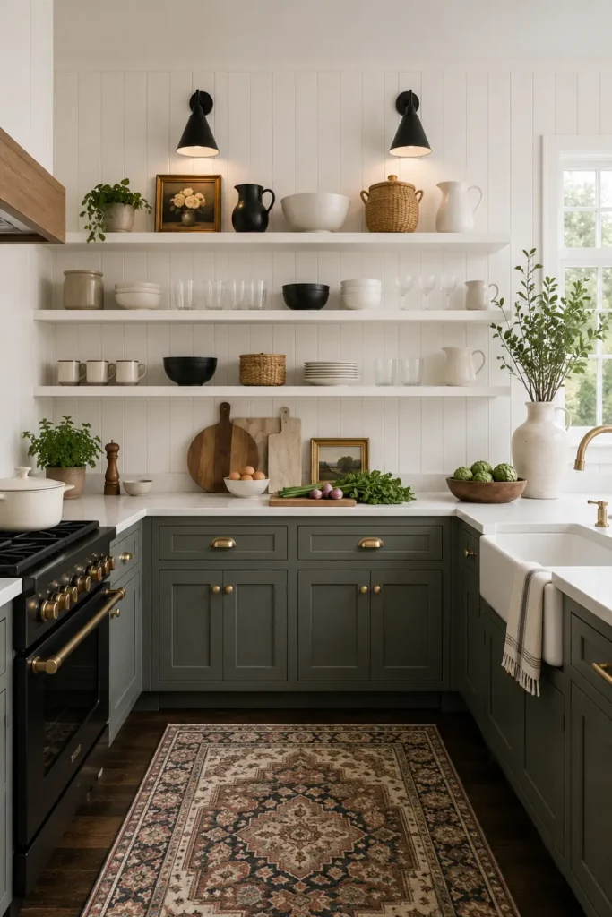 14 Open Kitchen Shelving Ideas for Practical, Stylish Storage 3 White open kitchen shelves displaying ceramics, glassware, cutting boards, and framed floral art above gray-green cabinets.