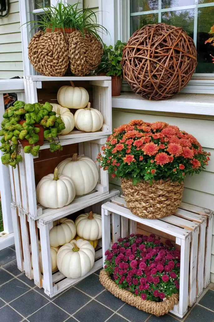 Rustic Fall Planters for the Front Porch That Bring Warm Autumn Charm 27 White pumpkin fall planter display with wooden crates, baskets, green plants, and deep purple mums on a porch.