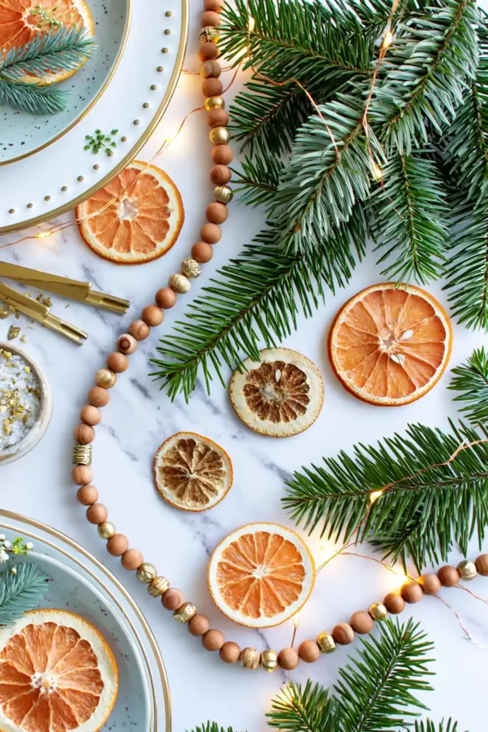 Wood bead garland styled with dried orange slices, evergreen branches, and warm fairy lights.