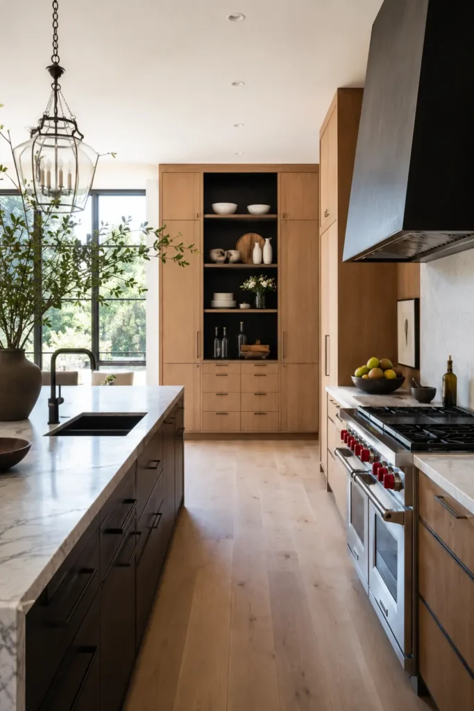 14 Open Kitchen Shelving Ideas for Practical, Stylish Storage 5 Light wood open shelves with a black backing in a modern galley kitchen with a marble island and leafy branches.