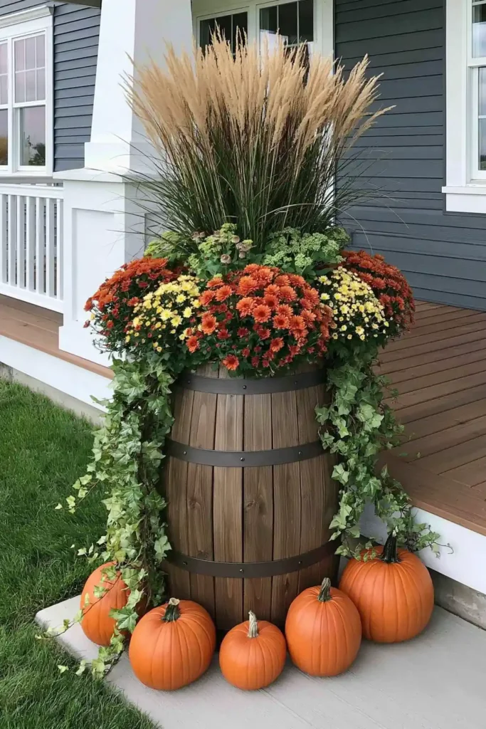 Rustic Fall Planters for the Front Porch That Bring Warm Autumn Charm 2 Rustic wooden barrel fall planter with orange and yellow mums, ornamental grasses, ivy, and pumpkins on a front porch.
