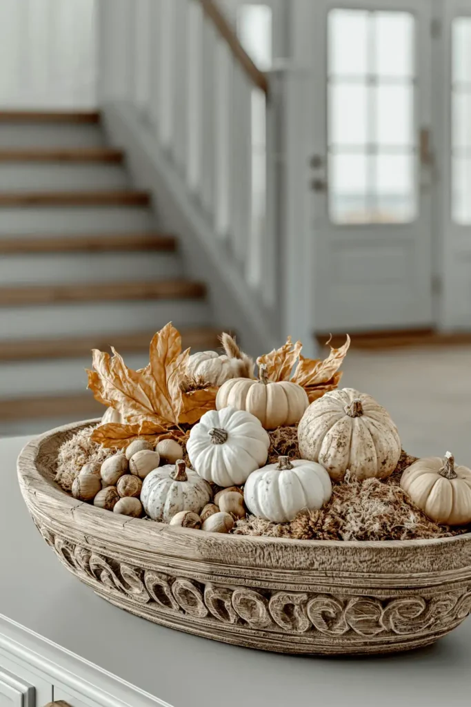 18 Neutral Fall Decor Ideas for a Warm and Cozy Home 15 Carved wooden bowl filled with pale pumpkins, dried orange leaves, nuts, and natural filler in a bright entryway.