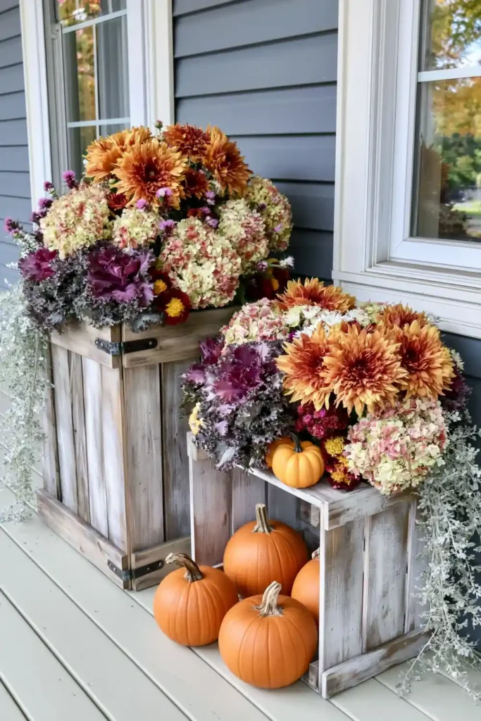 Rustic Fall Planters for the Front Porch That Bring Warm Autumn Charm 32 Wooden crate fall planters with orange mums, ornamental kale, small pumpkins, and trailing greenery on a rustic porch.