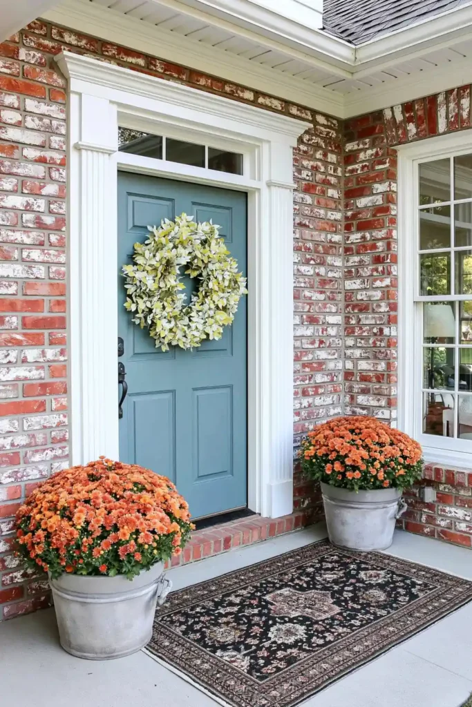 Blue front door with wreath, dark rug, and rusty mums in olive buckets for fall porch decor.