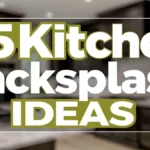 Featured banner for 25 kitchen backsplash ideas with bold white and yellow text over a softly blurred dark kitchen.