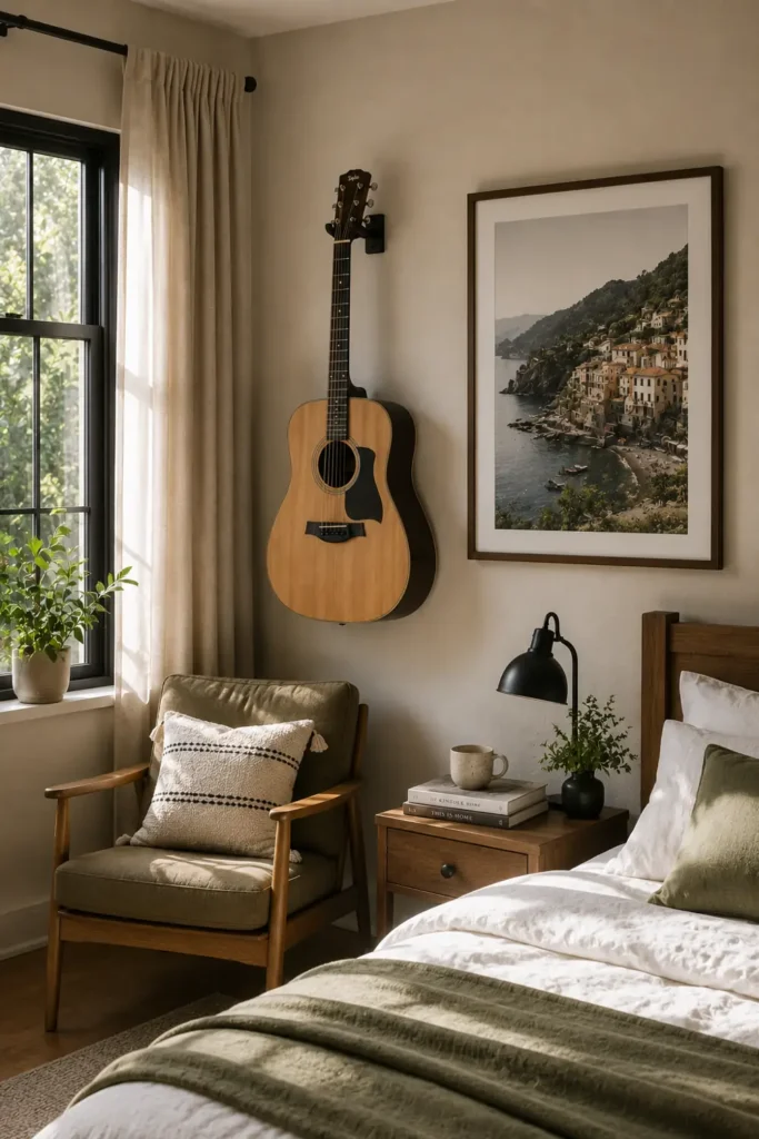30 Master Bedroom Wall Decor Ideas for a More Personal Space 27 Natural acoustic guitar displayed as bedroom wall decor beside a framed coastal village photograph.