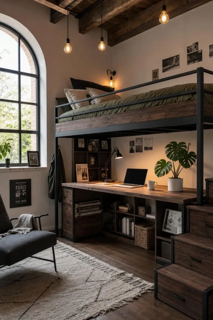 6 Small Bedroom Decorating Ideas to Utilize Space 7 Adult loft bed with a wooden desk, cube storage, gray chair, arched window, and warm industrial lighting below.