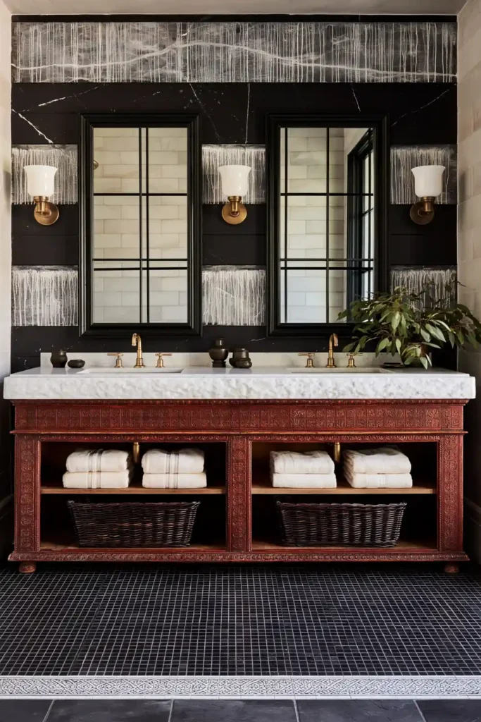 30 Modern Farmhouse Bathroom Decor Ideas for a Warm, Updated Space 31 Dramatic farmhouse bathroom with an antique double vanity, black-framed mirrors, brass sconces, wicker baskets, and black mosaic flooring.