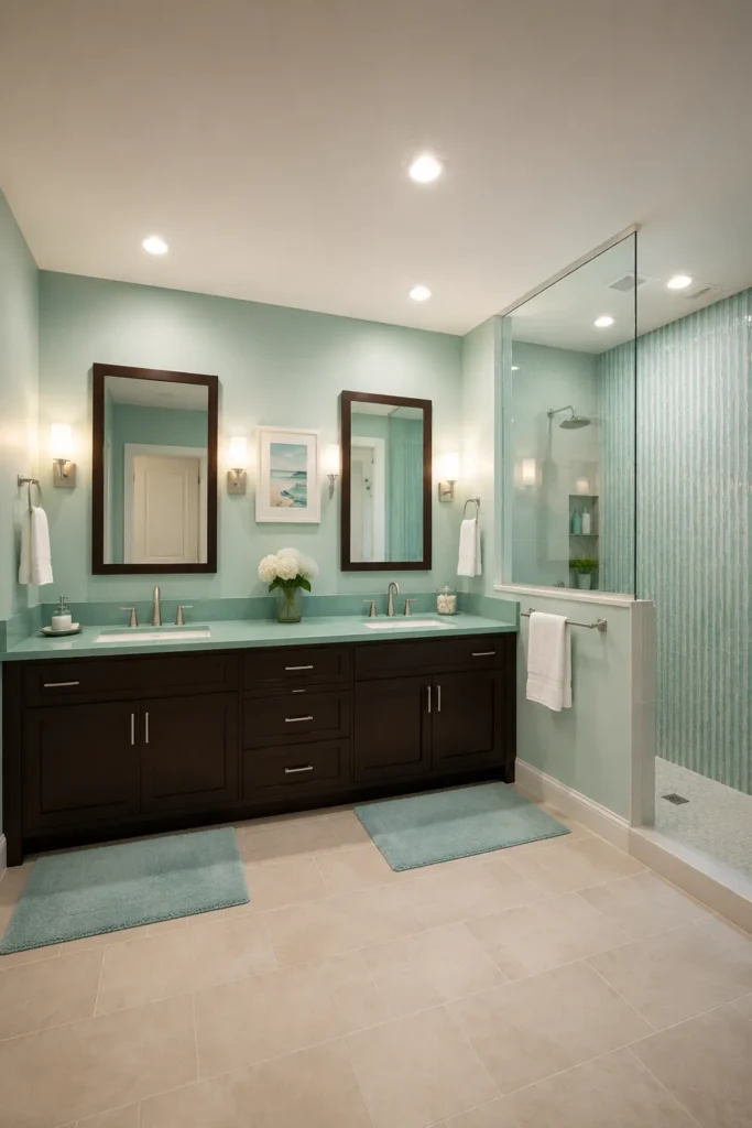 Bathroom Color Schemes That Never Go Out of Style 3 Aqua, chocolate, and white bathroom color scheme with deep vanity, beige flooring, mirrors, and glass shower panel