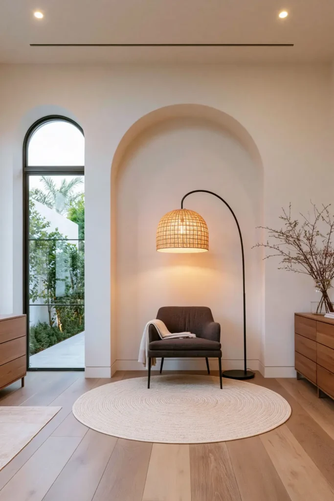 24 Bedroom Lighting Ideas for a Comfortable and Stylish Space 25 Bedroom reading nook with a black arc floor lamp, woven shade, dark chair, and arched window.