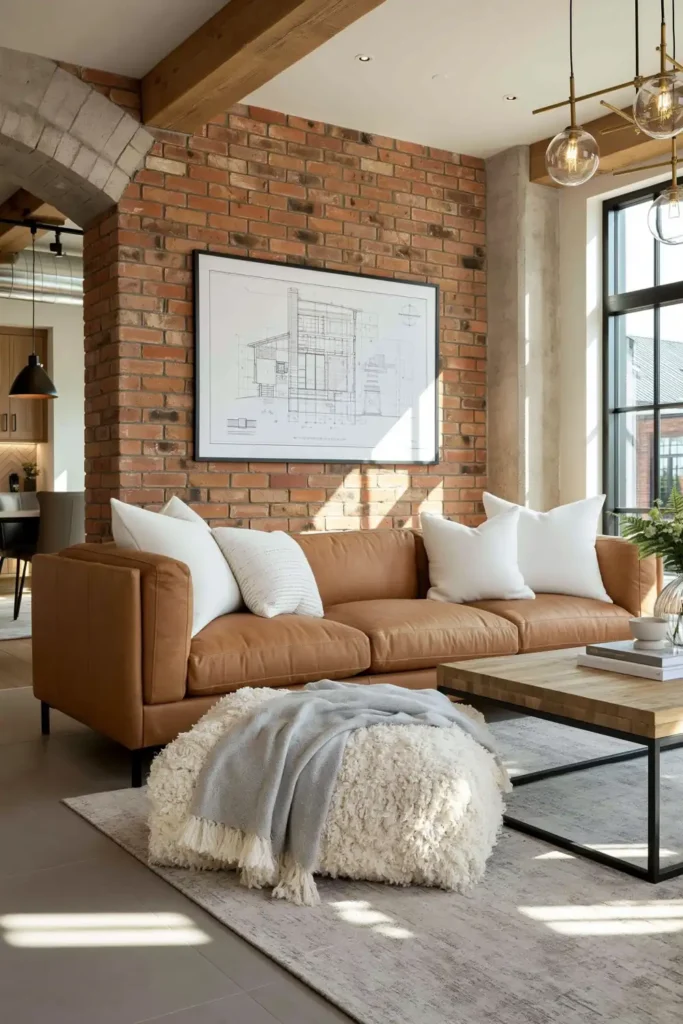 23 Living Room Wall Decor Ideas Above the Couch for a Stylish Sofa Wall 18 Cognac leather sofa with a framed architectural blueprint on an exposed brick wall