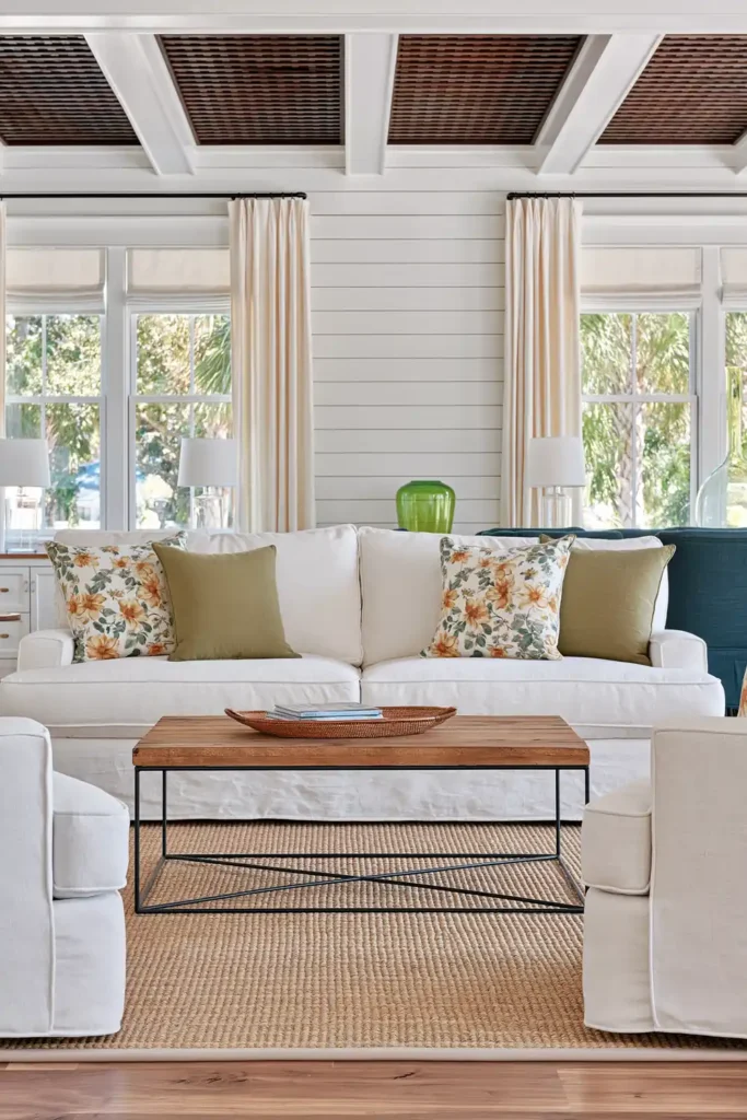 Open TV seating area with a tan slipcovered sofa, aqua accent pillows, matching chairs, a wooden coffee table, and a beige woven rug.