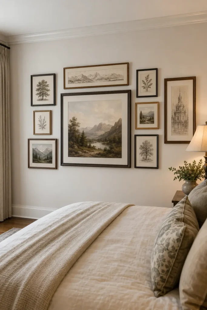 30 Master Bedroom Wall Decor Ideas for a More Personal Space 26 Art-style television displaying a landscape within a coordinated bedroom gallery wall of botanical and nature artwork.