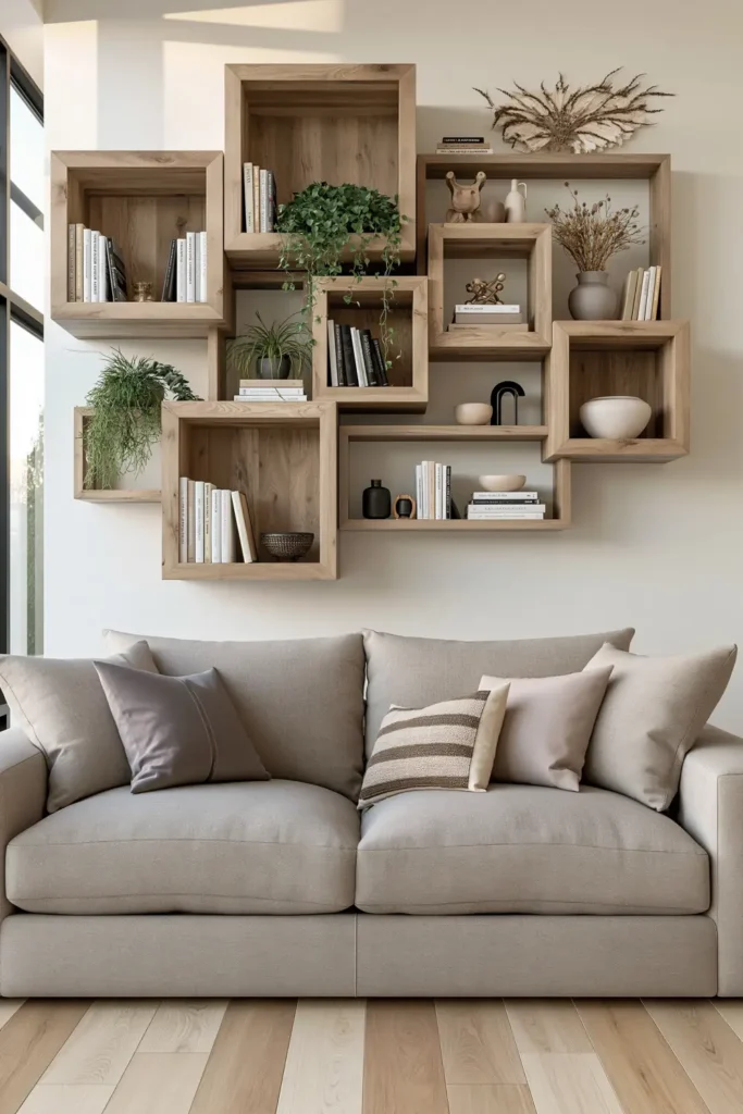 23 Living Room Wall Decor Ideas Above the Couch for a Stylish Sofa Wall 15 Grey sofa with asymmetrical light wood shelves holding books, plants, and ceramics