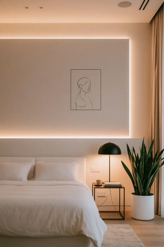 24 Bedroom Lighting Ideas for a Comfortable and Stylish Space 9 Modern bedroom with a geometric lighted headboard panel and warm concealed LED glow.