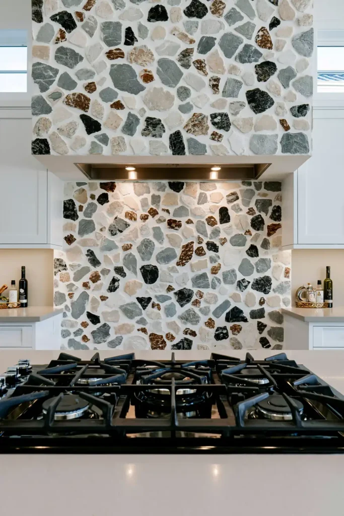 Speckled white backsplash extending behind a black cooktop and concealed range hood in a bright modern kitchen.